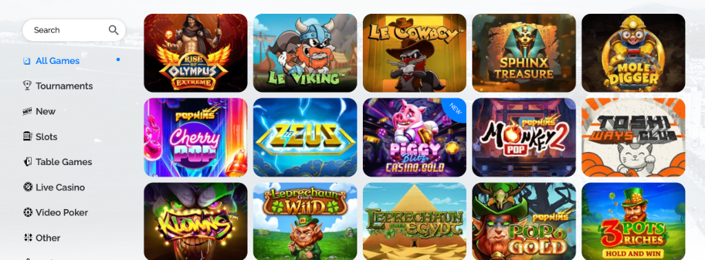Azur Casino game selection featuring popular slots like Rise of Olympus, Zeus, Le Viking, and more